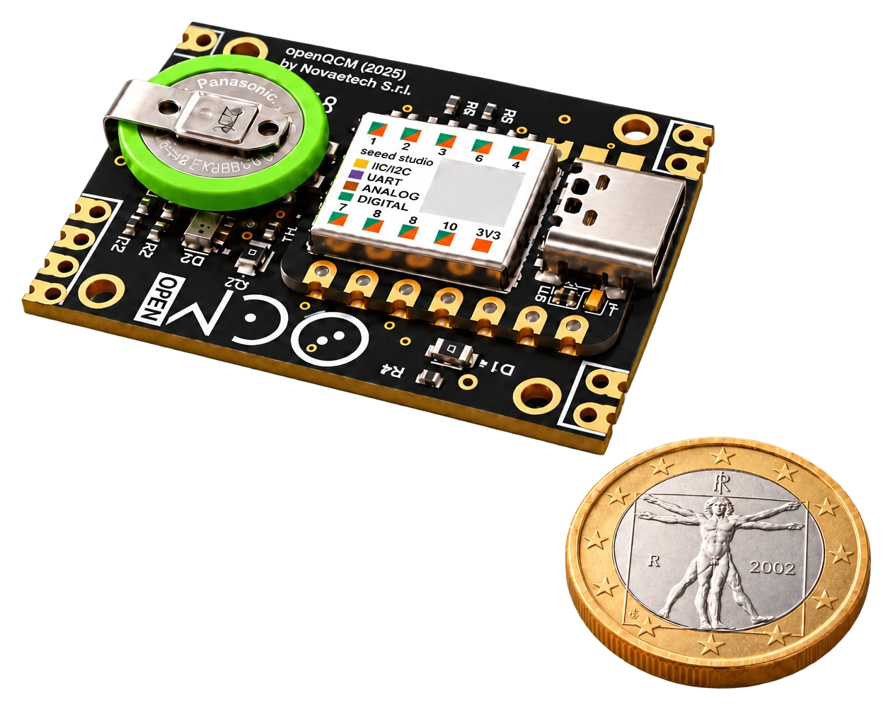 openQCM SpaceBug, embedded QCM module next to a one-euro coin