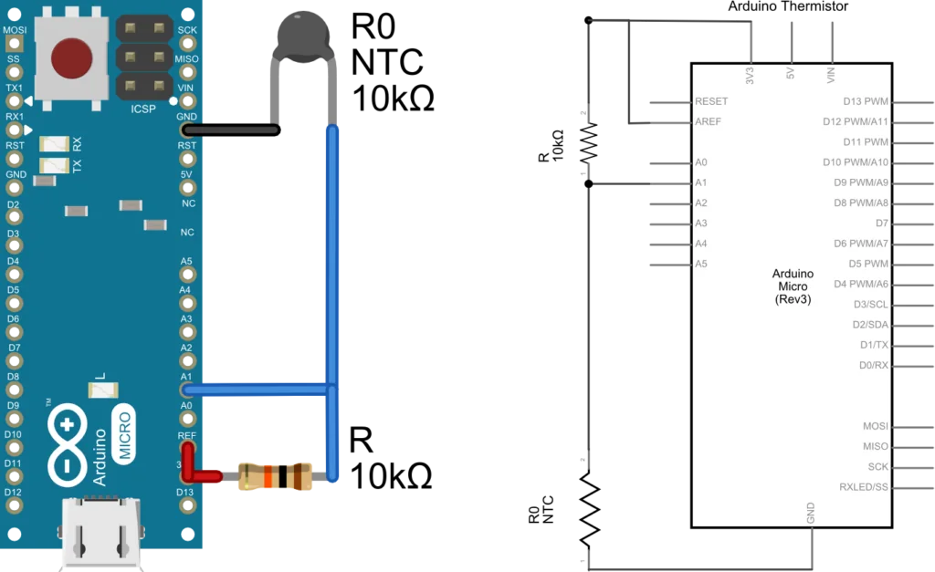 The voltage divider circuit for measuring temperature using a thermistor and Arduino