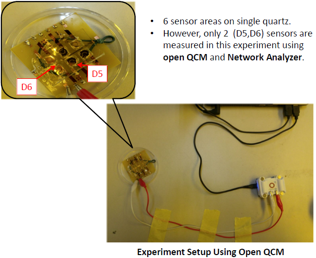 6 sensor areas on single quartz. Only 2 (D5,D6) sensors are investigated in this experiment using openQCM and Network Analyzer. (Custom designed by Anis Nurashikin Nordin and Ahmad Anwar Zainuddin Department of Electrical and Computer Engineering of International Islamic University Malaysia)