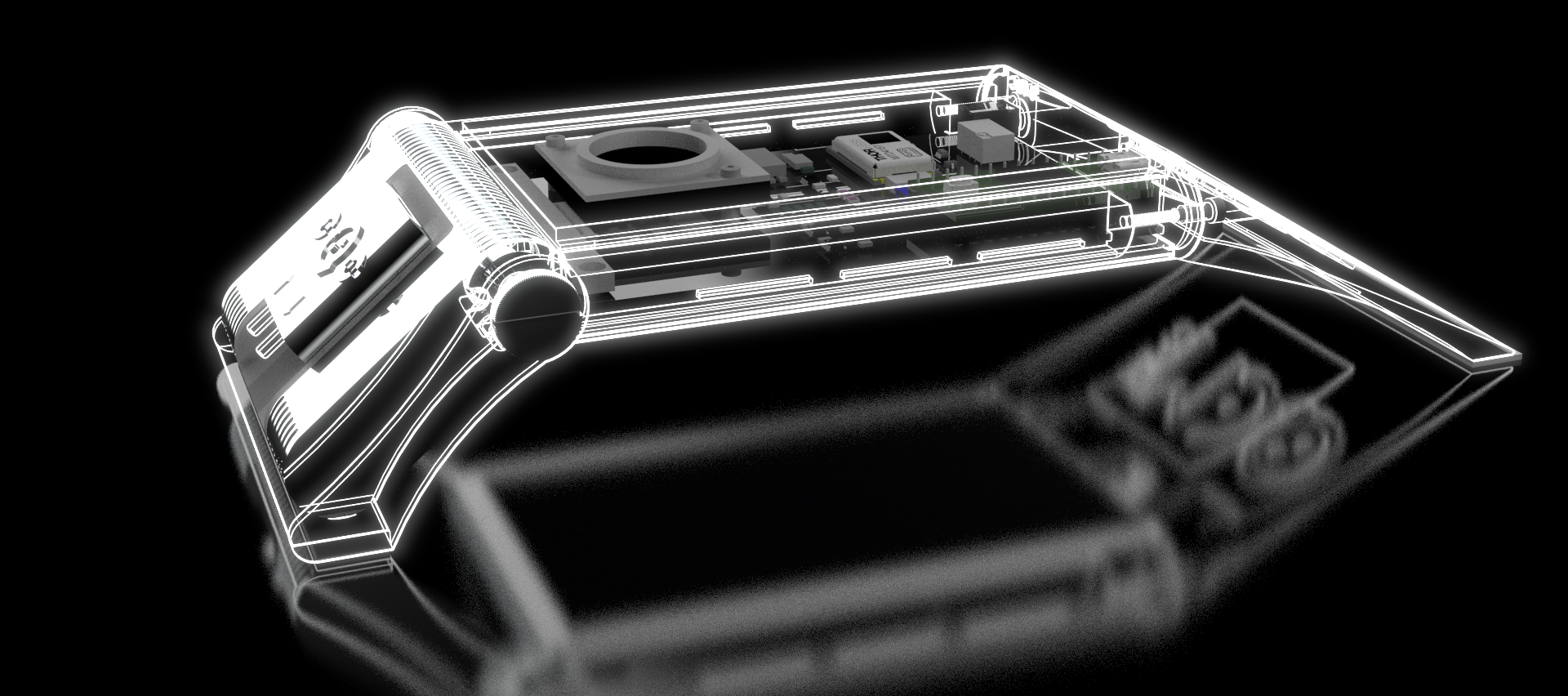 Artistic rendering of a stylized top view of the Quartz Crystal Microbalance, openQCM NEXT, with Dissipation Monitoring and Thermal Control.
