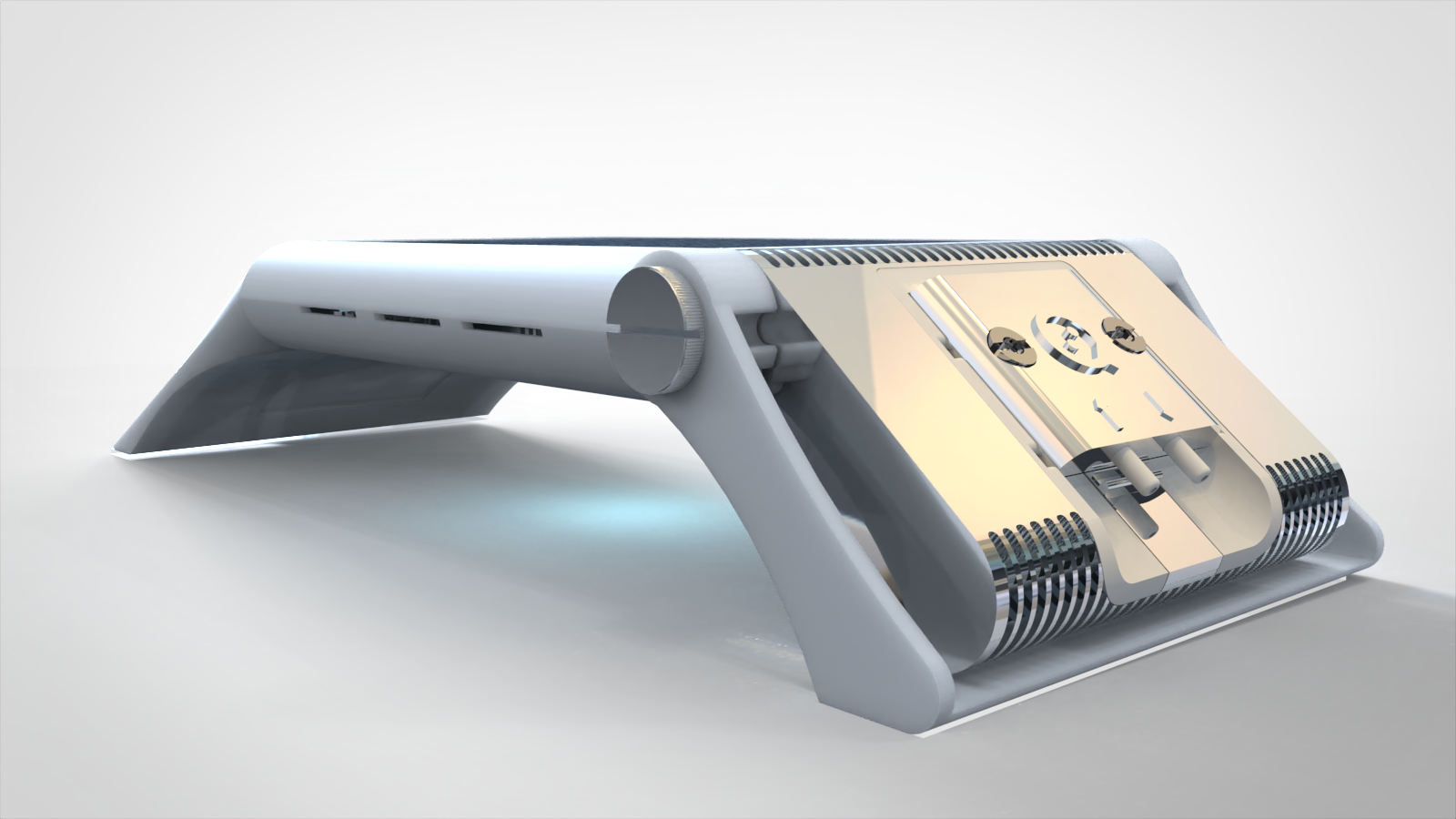 Render of a partial front view of the Quartz Crystal Microbalance openQCM with Dissipation monitoring and thermal control