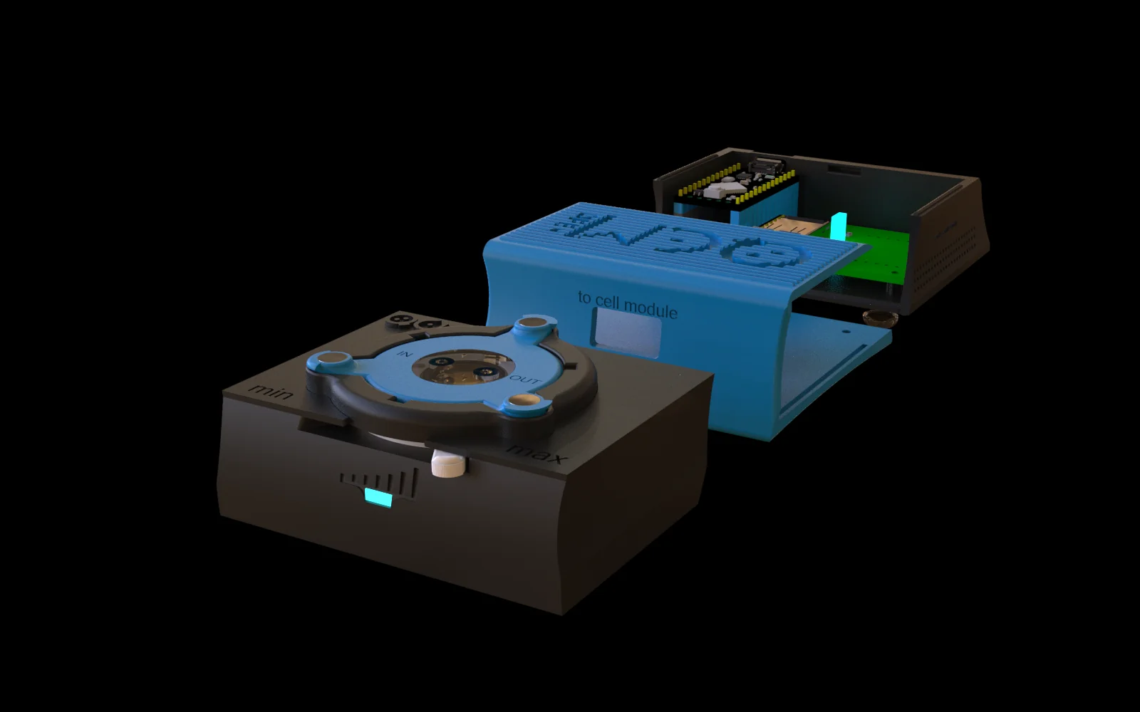 Exploded view of the openQCM Wi2 showing pogo-pin connector and sensor module