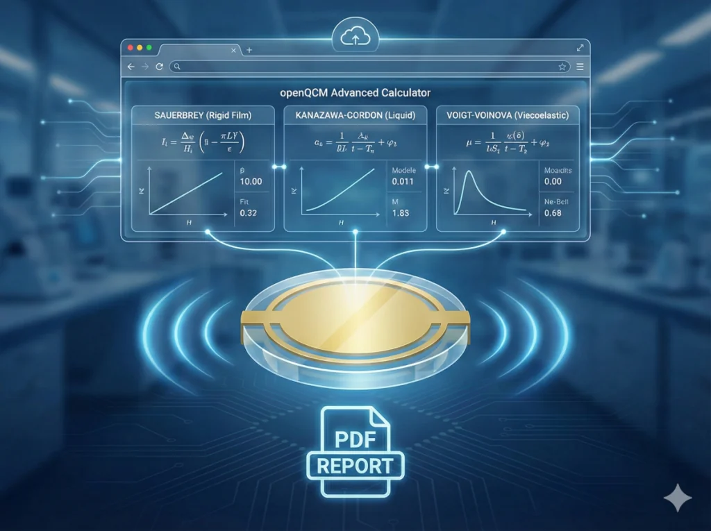 openQCM Advanced Calculator interface showing Sauerbrey, Kanazawa-Gordon, and Voigt-Voinova models with a quartz crystal sensor and PDF report export