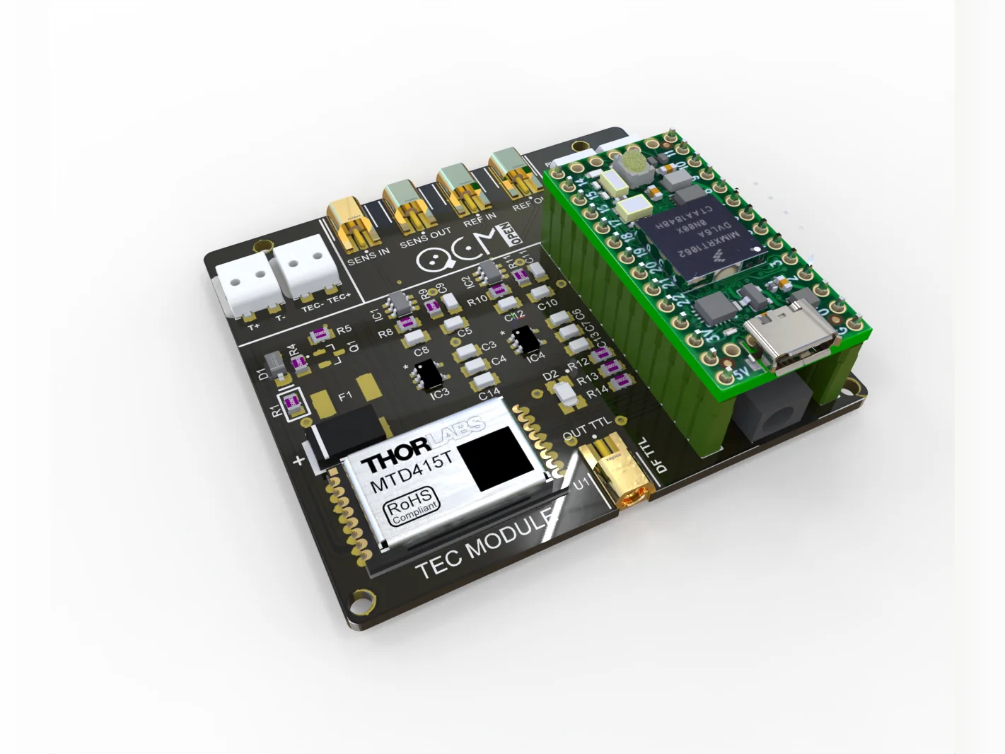 The openQCM TWIN board with its Teensy 4.0 and MMCX connectors