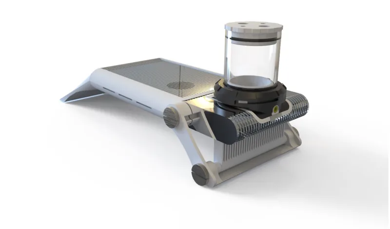 Render of the electrochemistry module mounted on openQCM NEXT: quartz chamber and PTFE cover on the bridge (from the module manual)