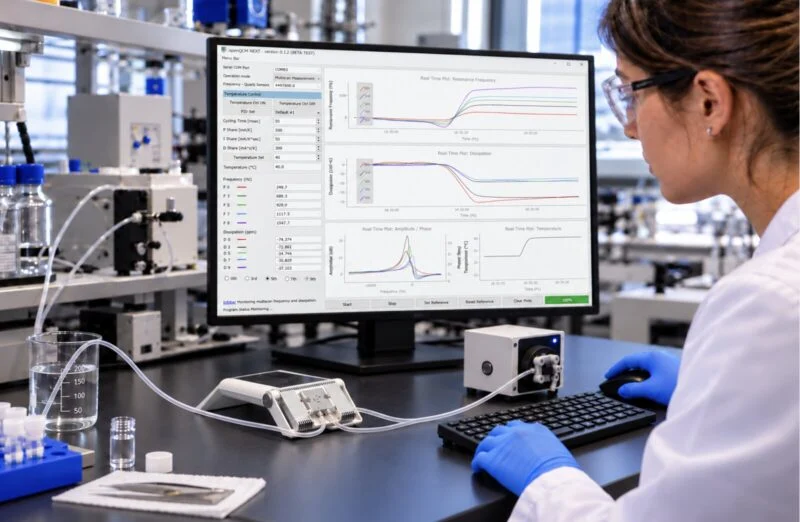 openQCM NEXT in the lab: the instrument with its fluidic cell and pump, the openQCM software showing frequency and dissipation on several overtones