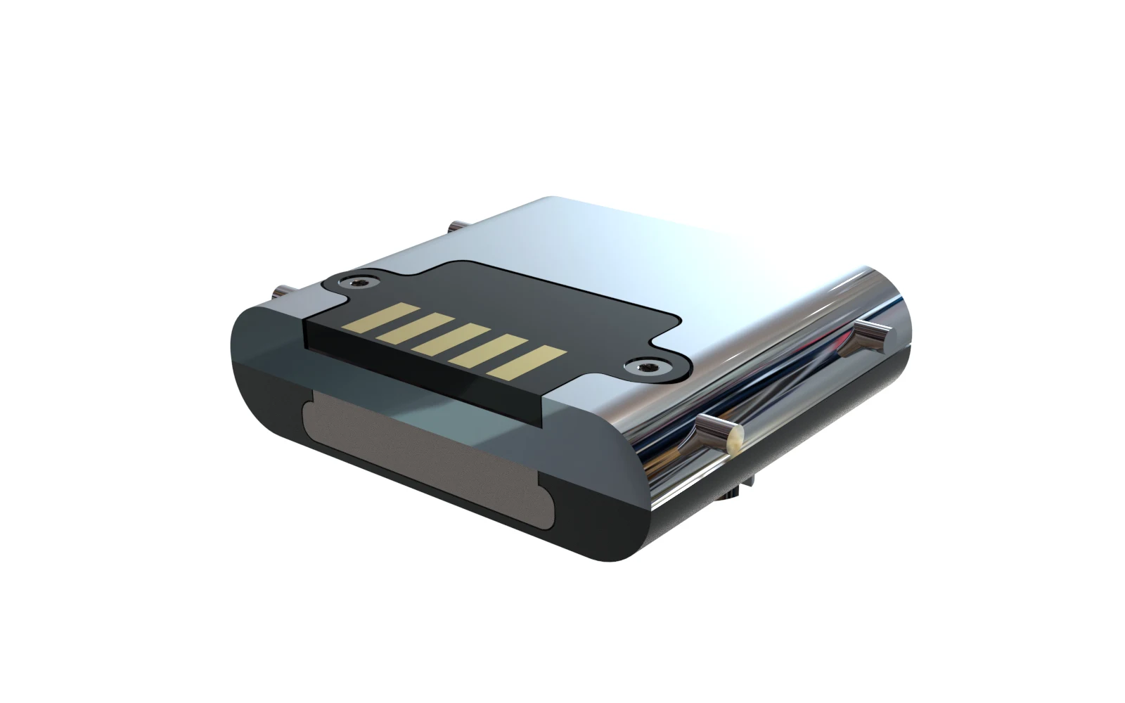 The underside of an openQCM NEXT fluidic module: the chrome-plated base with the contact pads that meet the pins in the heat-sink slot