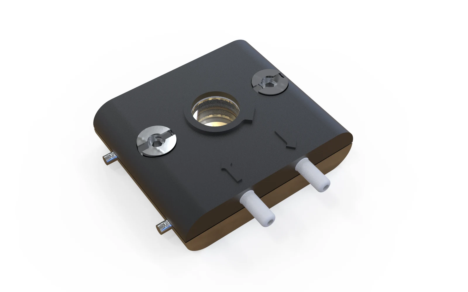 openQCM NEXT optical module, closed: the anodised shell with the silica window over the crystal and the two fluid ports