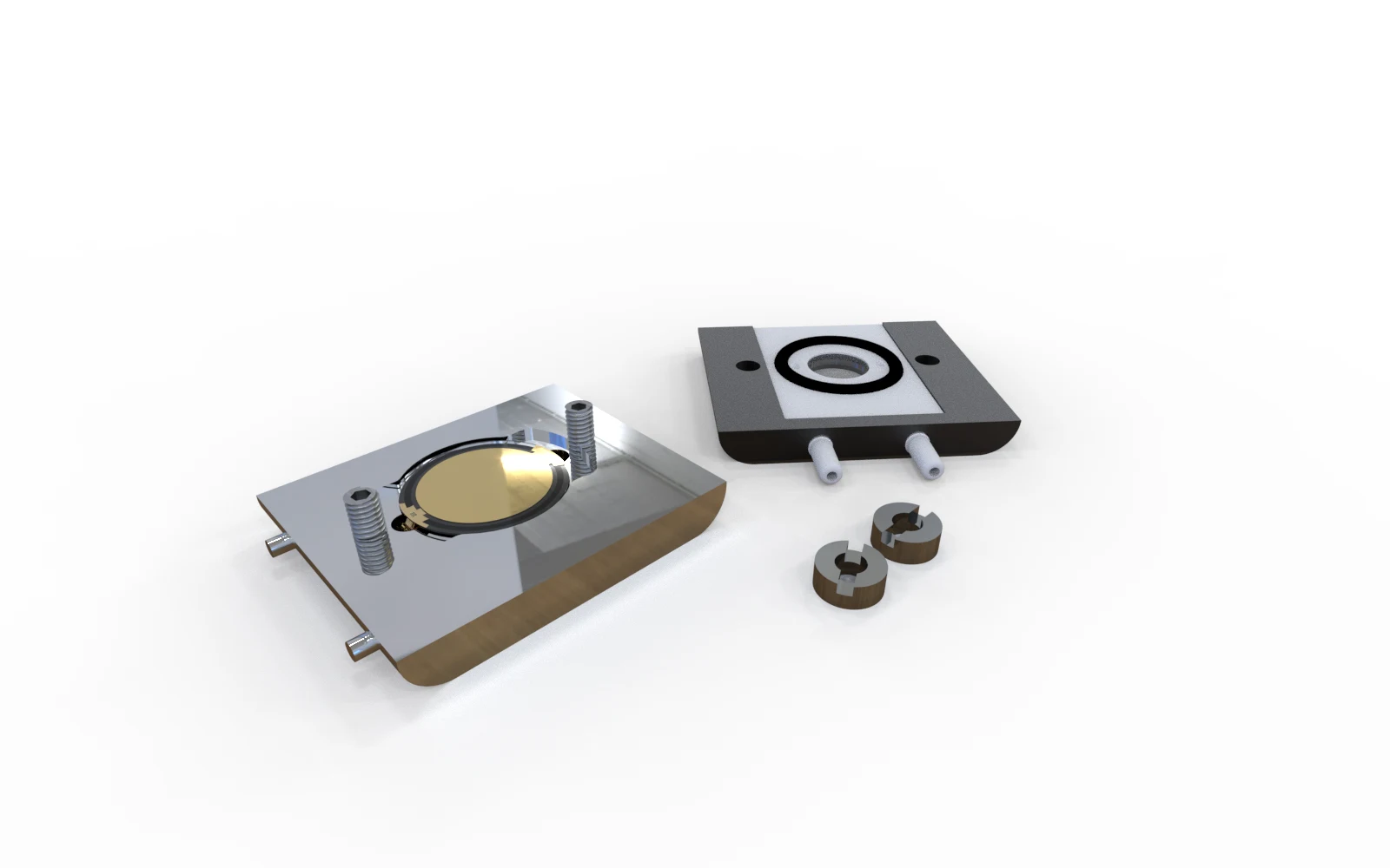 openQCM NEXT optical module, opened: the chrome-plated base with the crystal on its spring contacts, the PTFE core with the window and the O-ring inside the shell, and the two slotted nuts
