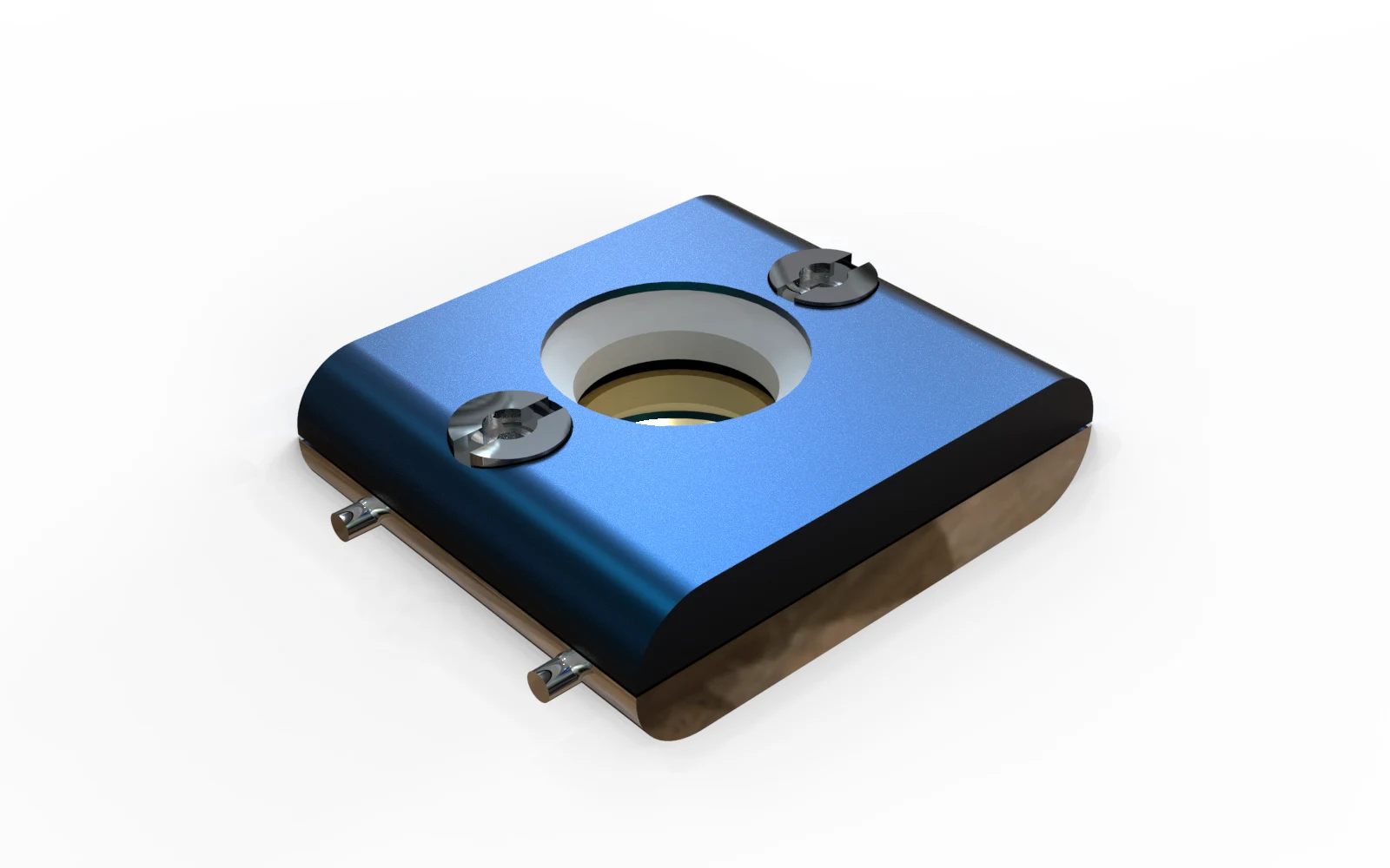 openQCM NEXT pipetting module: the blue anodised shell with the open PTFE well over the crystal