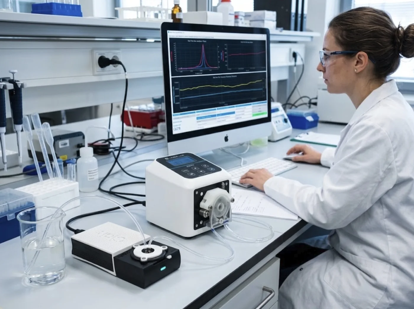 openQCM Q-1 in the lab, connected to a peristaltic pump, with the resonance curve and the frequency trace on the screen