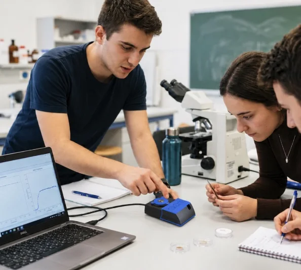 openQCM Wi2 on a teaching bench: three students follow the frequency curve on a laptop