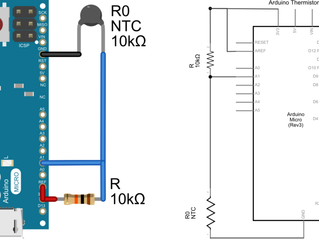 The voltage divider circuit for measuring temperature using a thermistor and Arduino