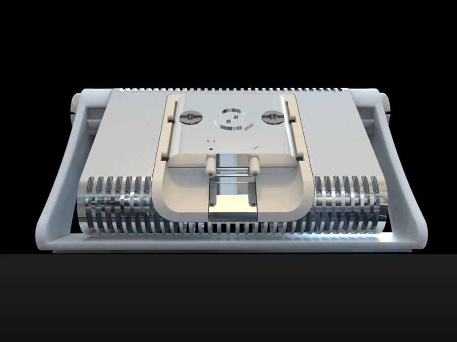The heat sink and the fluidic module, face on